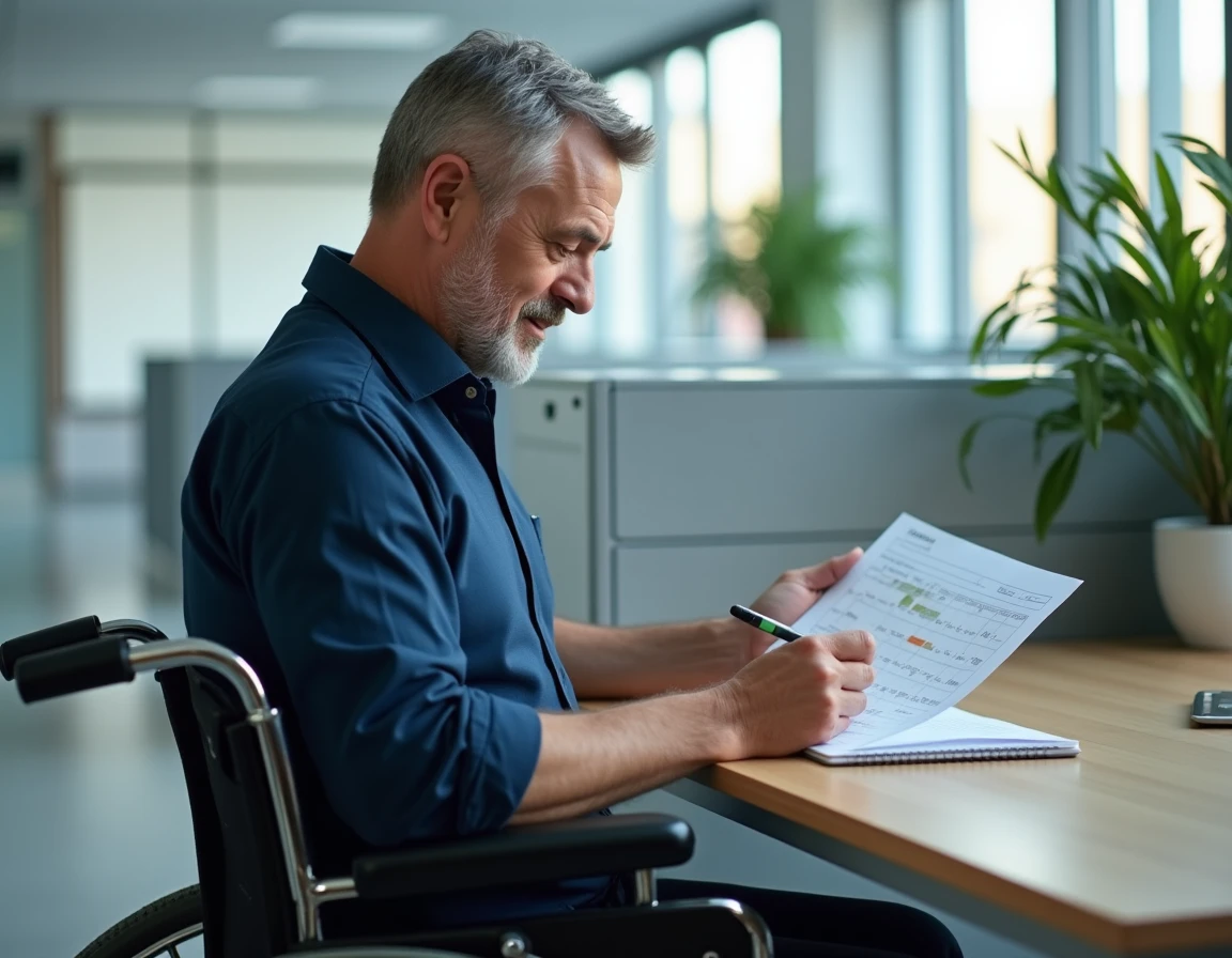 Homme en fauteuil roulant consultant un document de revalorisation AAH dans un bureau administratif
