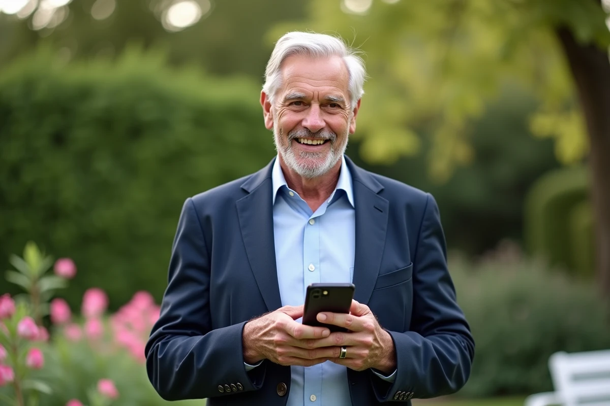 Homme d age heureux dans un jardin avec smartphone en main