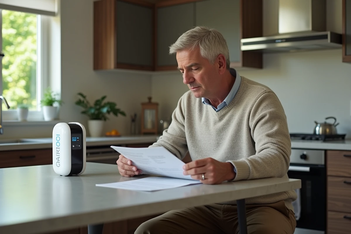 Homme lisant un manuel avec un appareil Mon Proxima dans une cuisine moderne