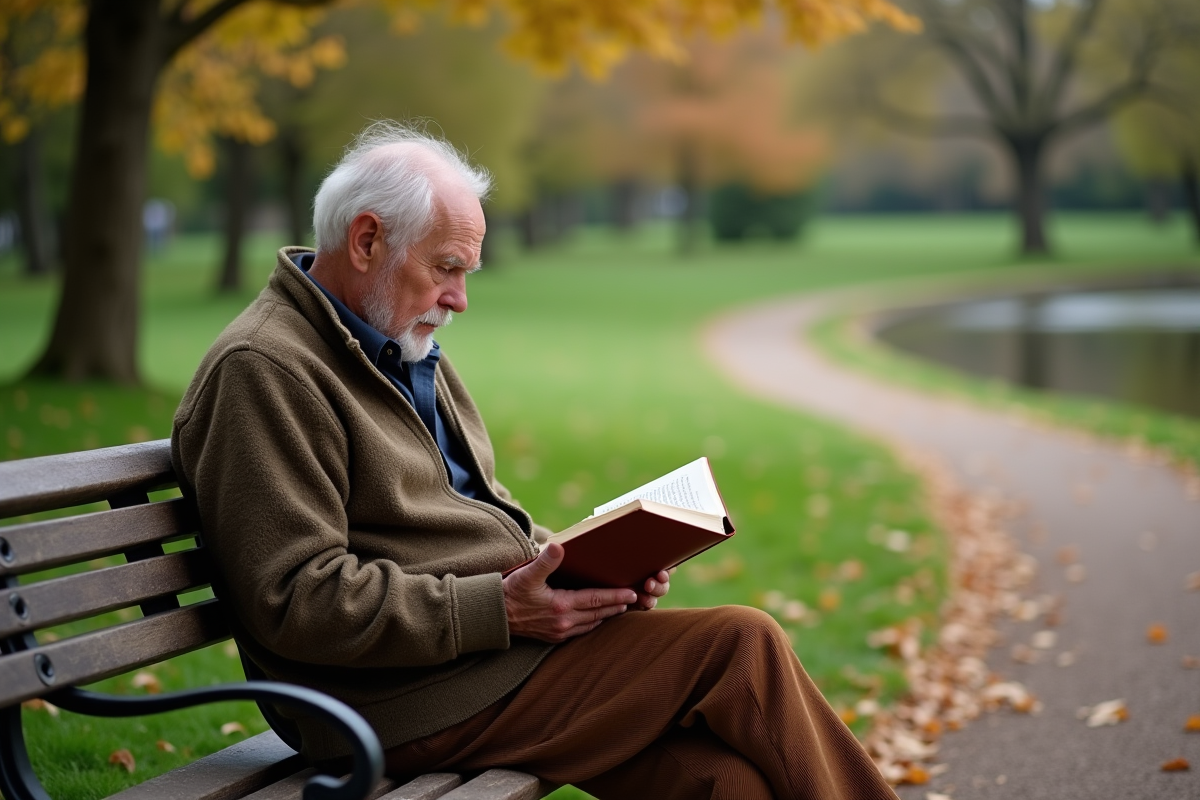 Homme âgé lisant sur un banc dans un parc en automne