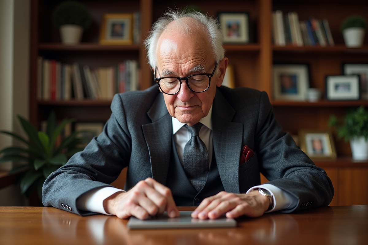 Homme âgé examinant une plaque funéraire dans un intérieur chaleureux