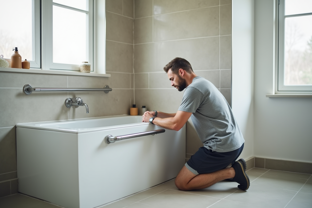 Homme moyen âge installe une barre dans la salle de bain