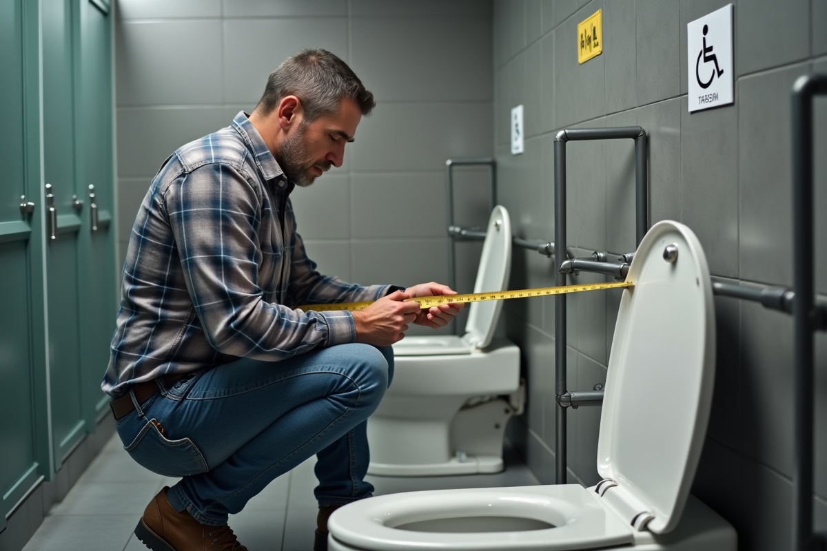 Homme mesurant la hauteur d’un toilette accessible en salle de bain publique
