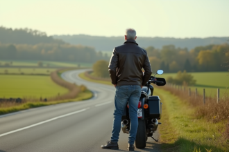 Homme avec moto de tourisme en campagne paisible
