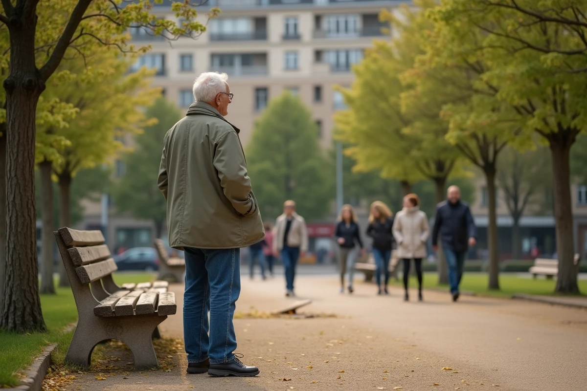 Homme dans un parc urbain regardant jouer des jeunes