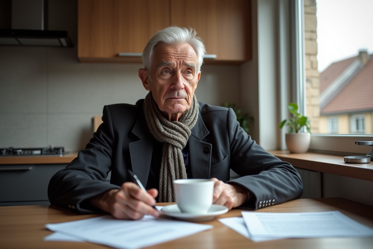 Homme d'âge mûr pensif dans une cuisine moderne belge