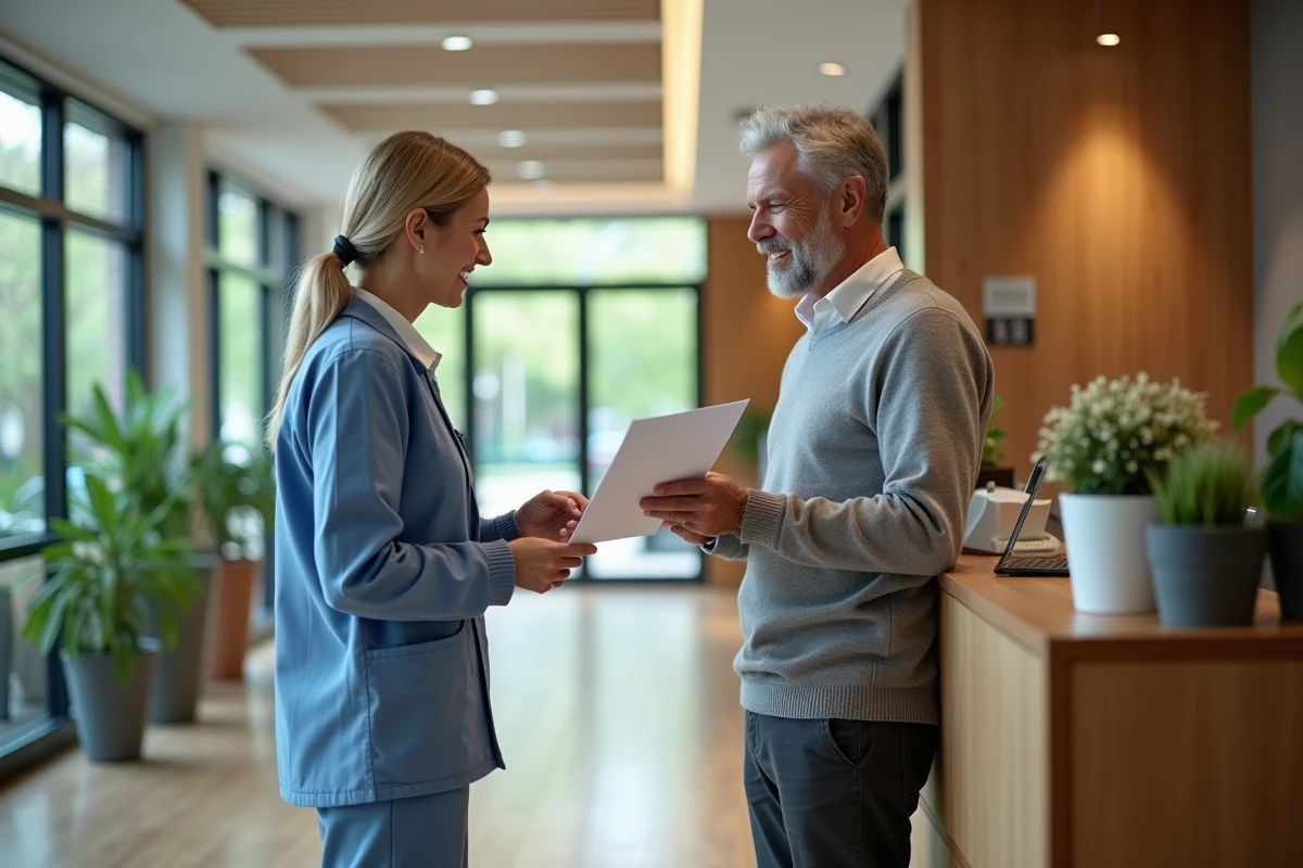 Homme remettant son CV à une infirmière dans un EHPAD