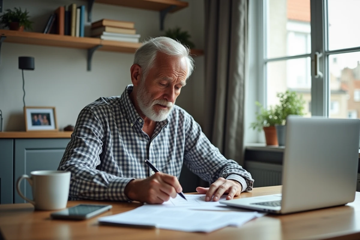Homme âgé remplissant des formulaires dans un bureau à domicile
