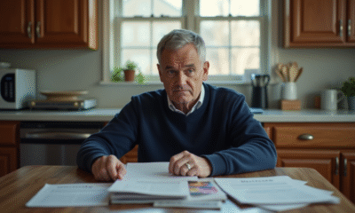 Homme d'âge moyen pensif avec brochures de retraite