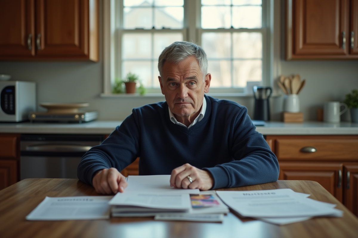 Homme d'âge moyen pensif avec brochures de retraite