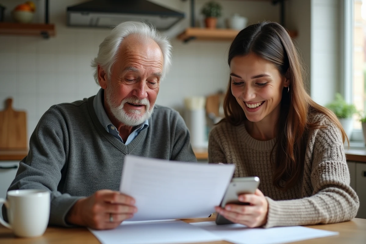Homme âgé et jeune femme discutant à la cuisine