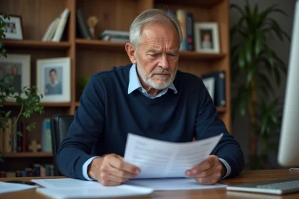 Homme d'âge moyen examine une déclaration de pension dans son bureau