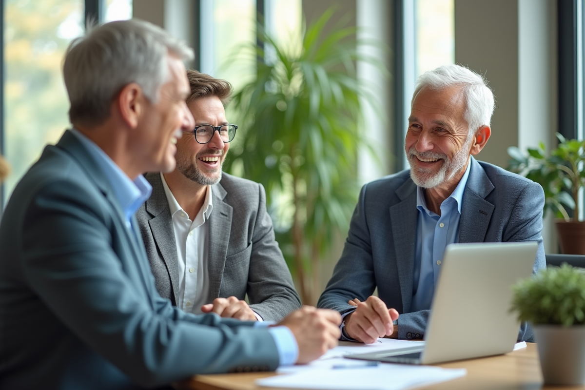 Homme senior discutant avec un conseiller financier dans un bureau lumineux