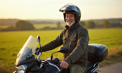 Homme senior souriant avec casque moto et moto moderne