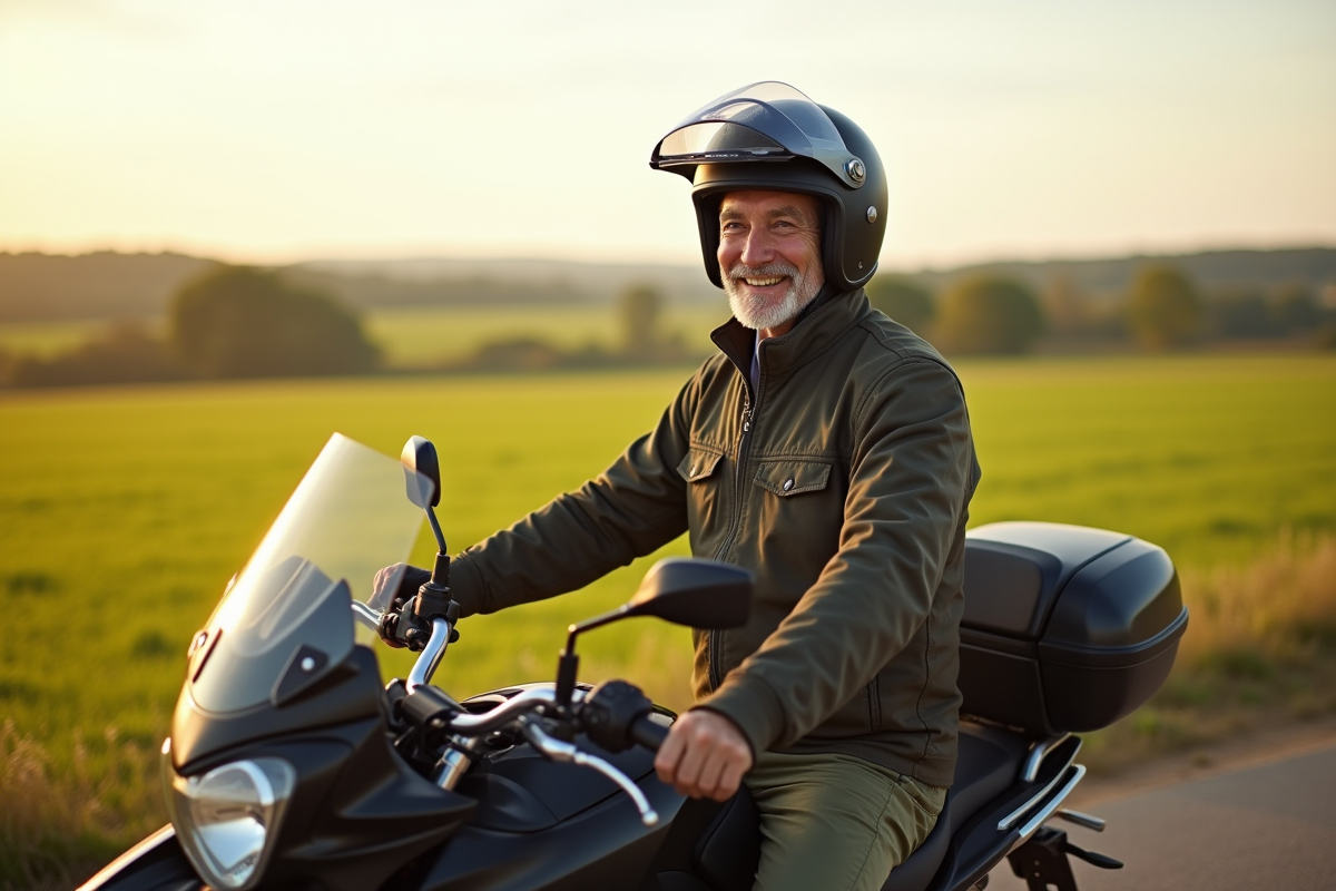 Homme senior souriant avec casque moto et moto moderne