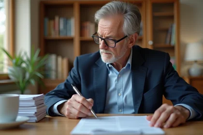 Homme senior en costume bleu examine documents de retraite