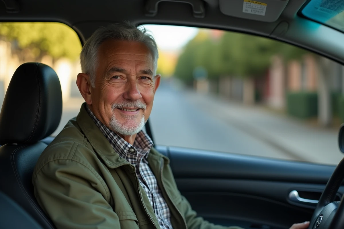 Un homme senior souriant assis au volant de sa voiture, illustrant la conduite autonome après 70 ans et la visite médicale permis