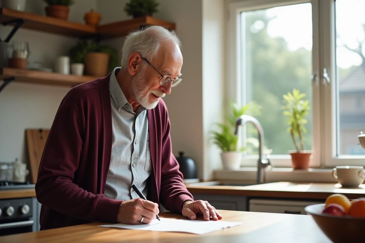 Homme âgé signant une lettre dans une cuisine lumineuse