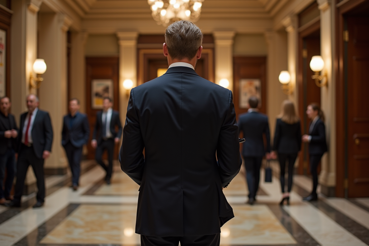 Homme en costume navy silence son smartphone dans le hall