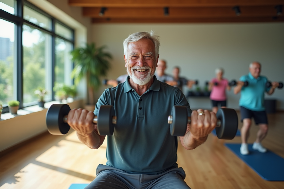 Homme senior soulevant des poids en salle de sport