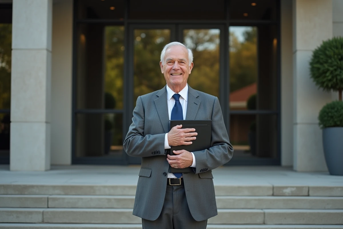 Homme souriant devant le tribunal moderne