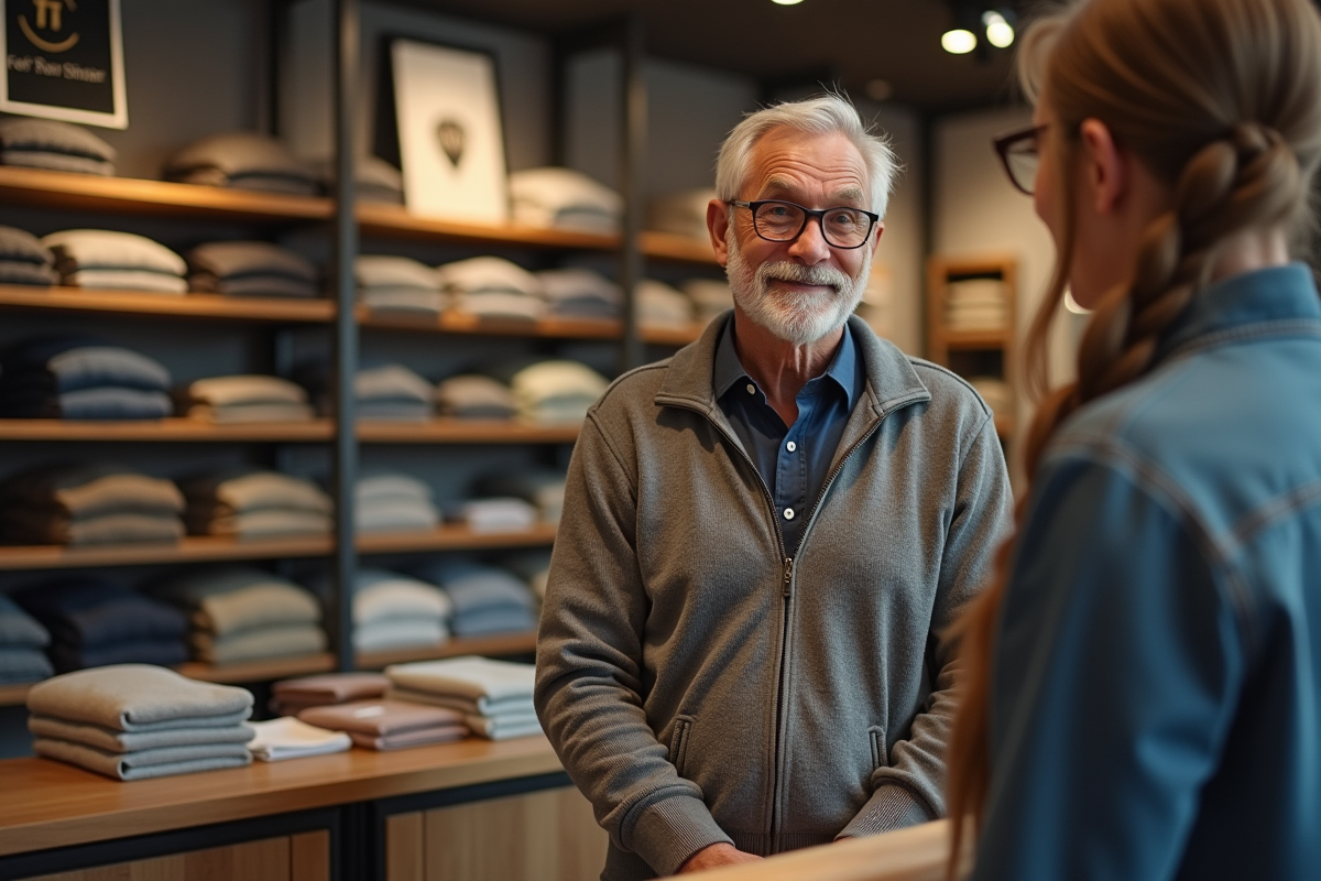 Homme âgé en cardigan dans une boutique de knitwear