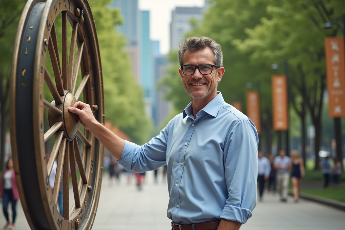 Homme pointant son signe zodiacal devant un grand cercle dans un parc urbain