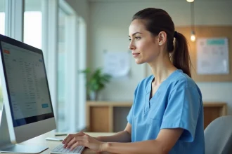 Infirmière utilisant un logiciel de suivi des résidents NETSoins dans un bureau de maison de retraite