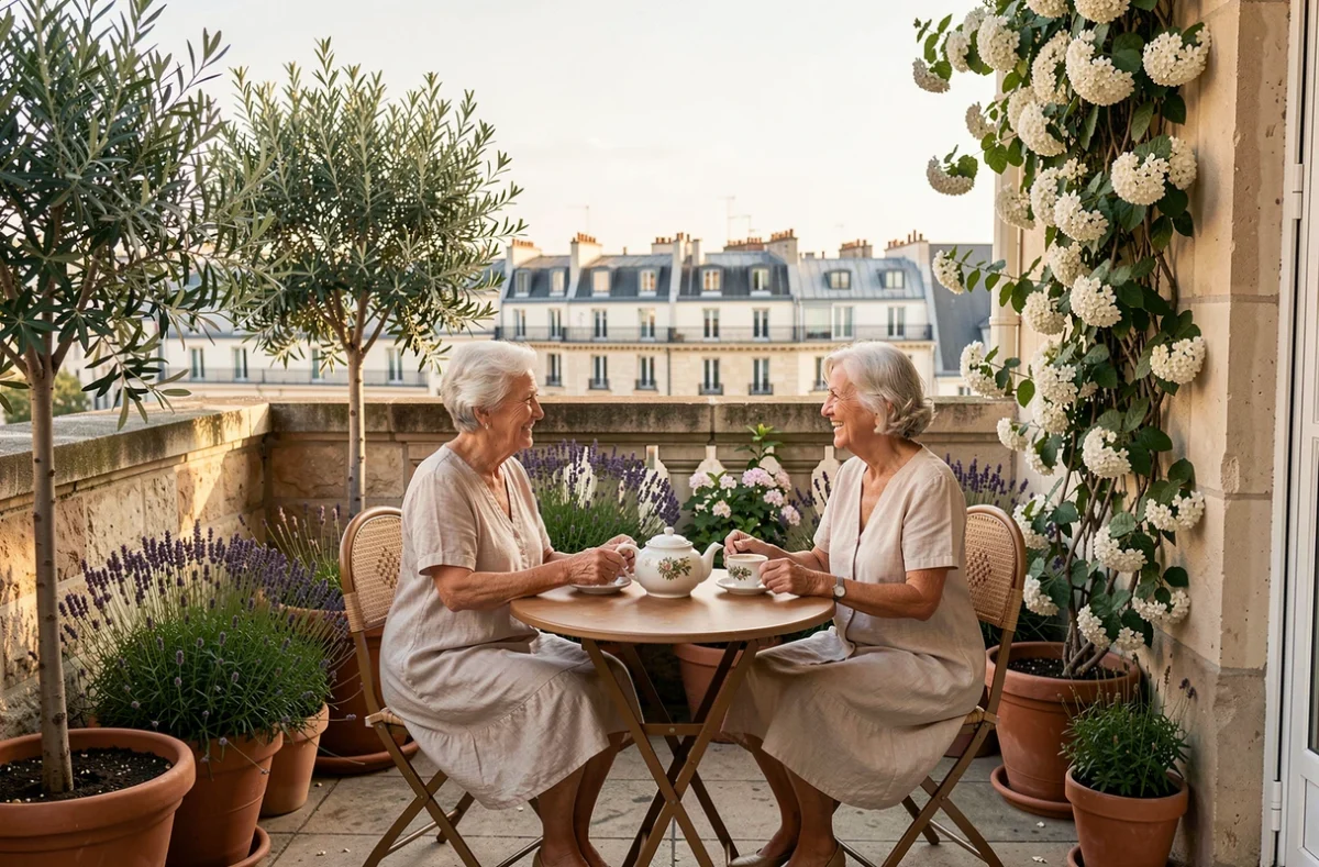 Deux résidentes seniors prenant le thé sur la terrasse fleurie des Jardins d'Arcadie Paris entourée d'oliviers et de lavande