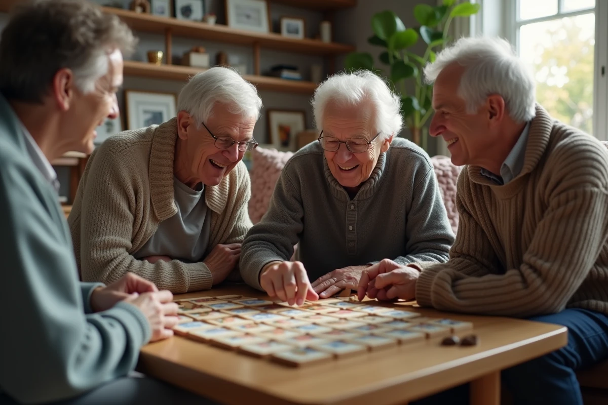 Groupe multigénérationnel jouant à un jeu de mémoire visuel avec des pictogrammes dans un salon familial