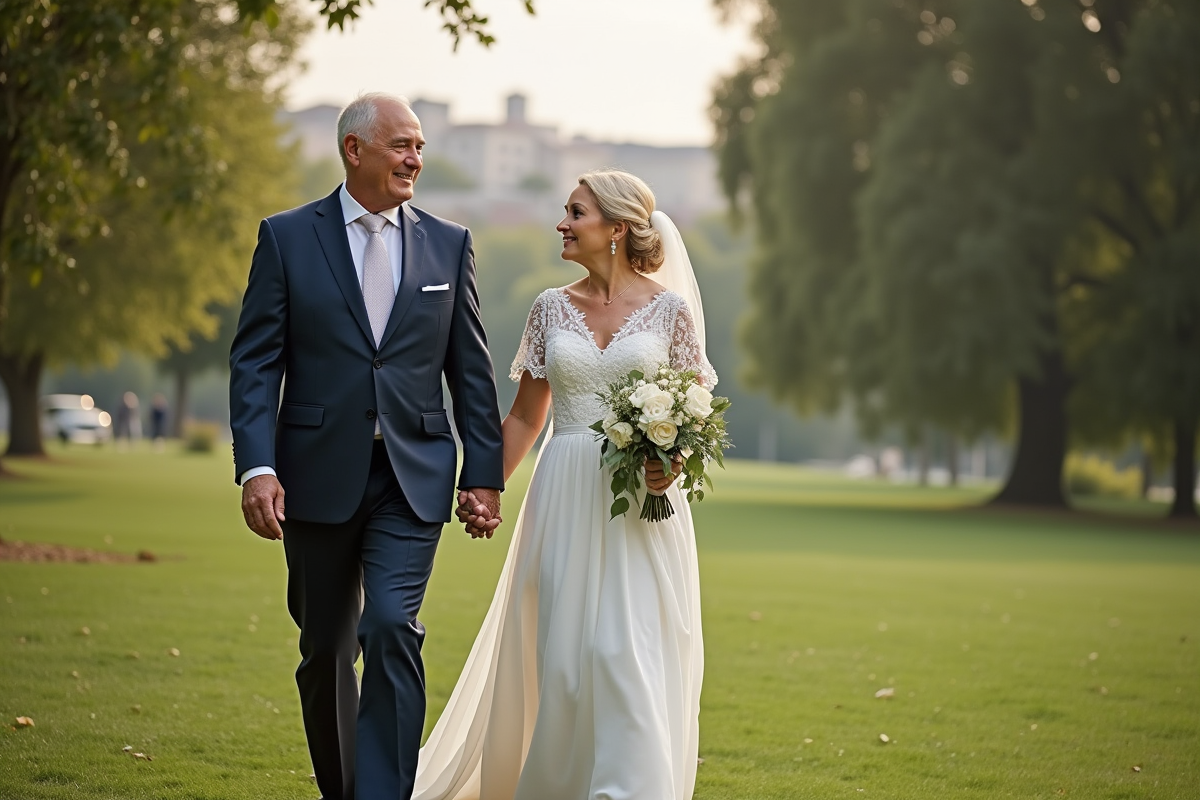 Jeune couple marié se tenant la main dans un parc verdoyant