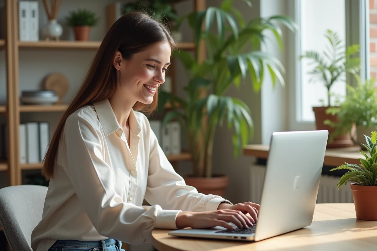 Jeune femme souriante utilisant Mon Proxima sur son ordinateur dans un bureau lumineux