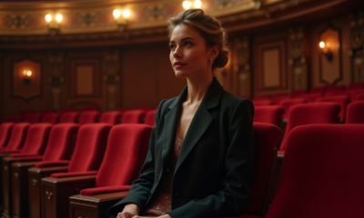 Jeune femme élégante assise dans un théâtre raffine