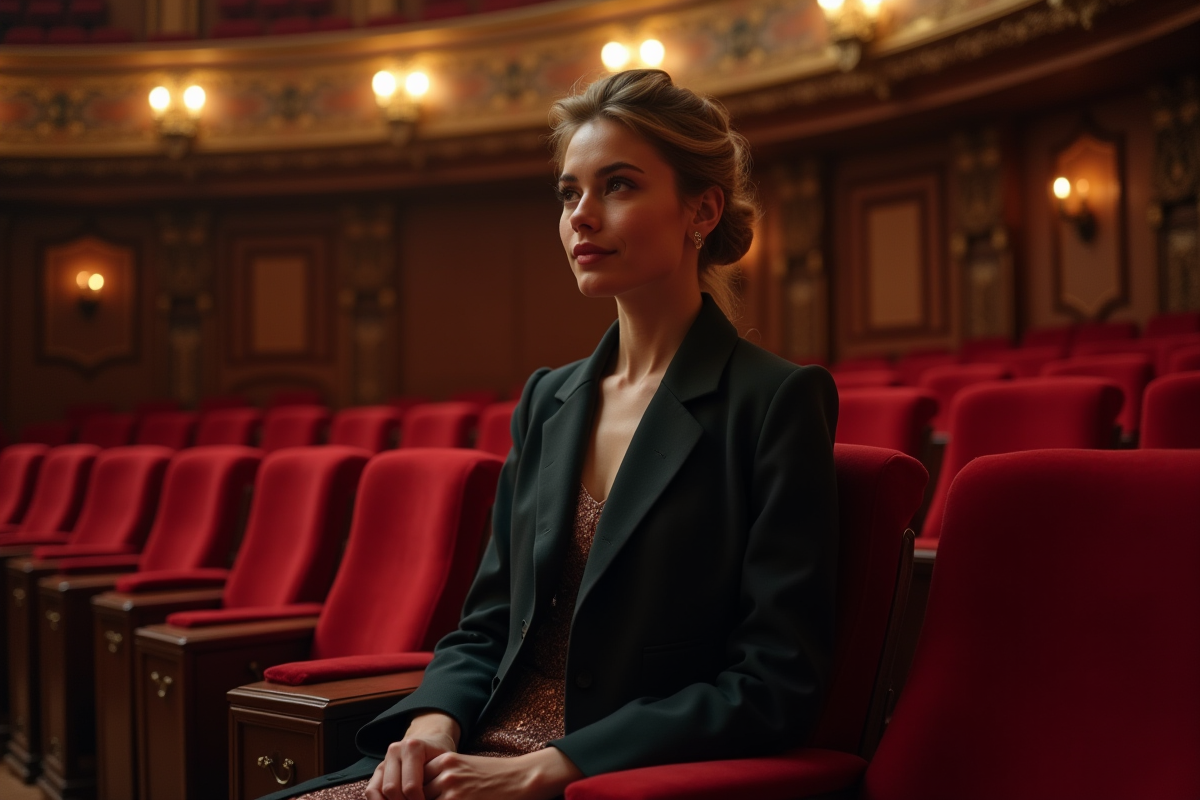 Jeune femme élégante assise dans un théâtre raffine