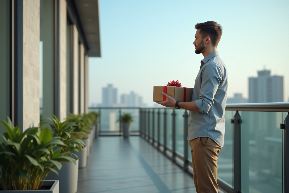 Jeune homme regardant la ville depuis un balcon urbain