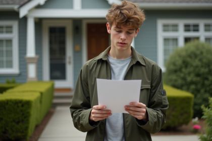 Jeune homme lit une lettre devant sa maison en banlieue