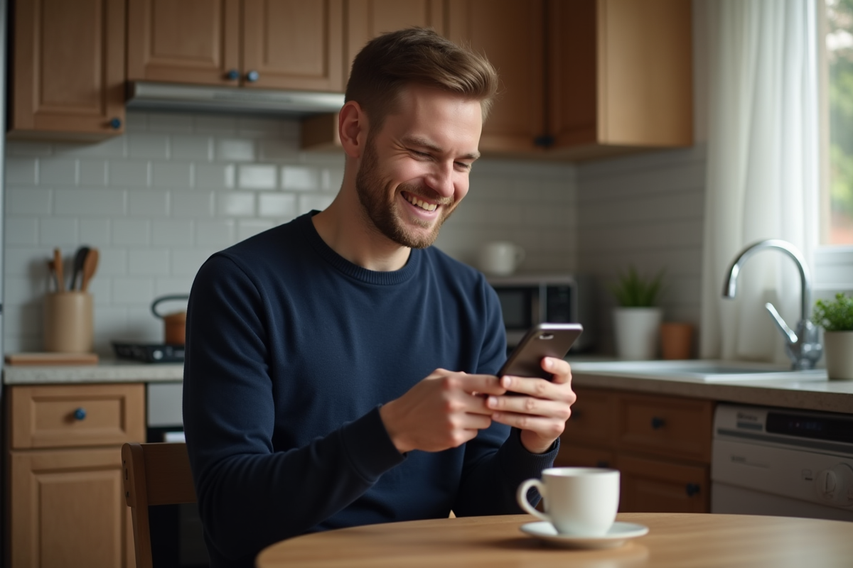 Jeune homme souriant échangeant des messages dans sa cuisine