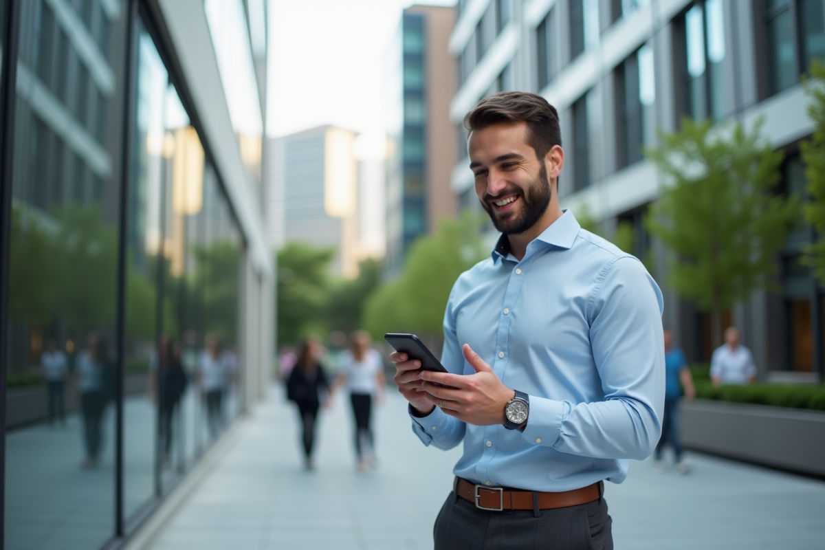 Jeune homme professionnel utilisant son smartphone en ville