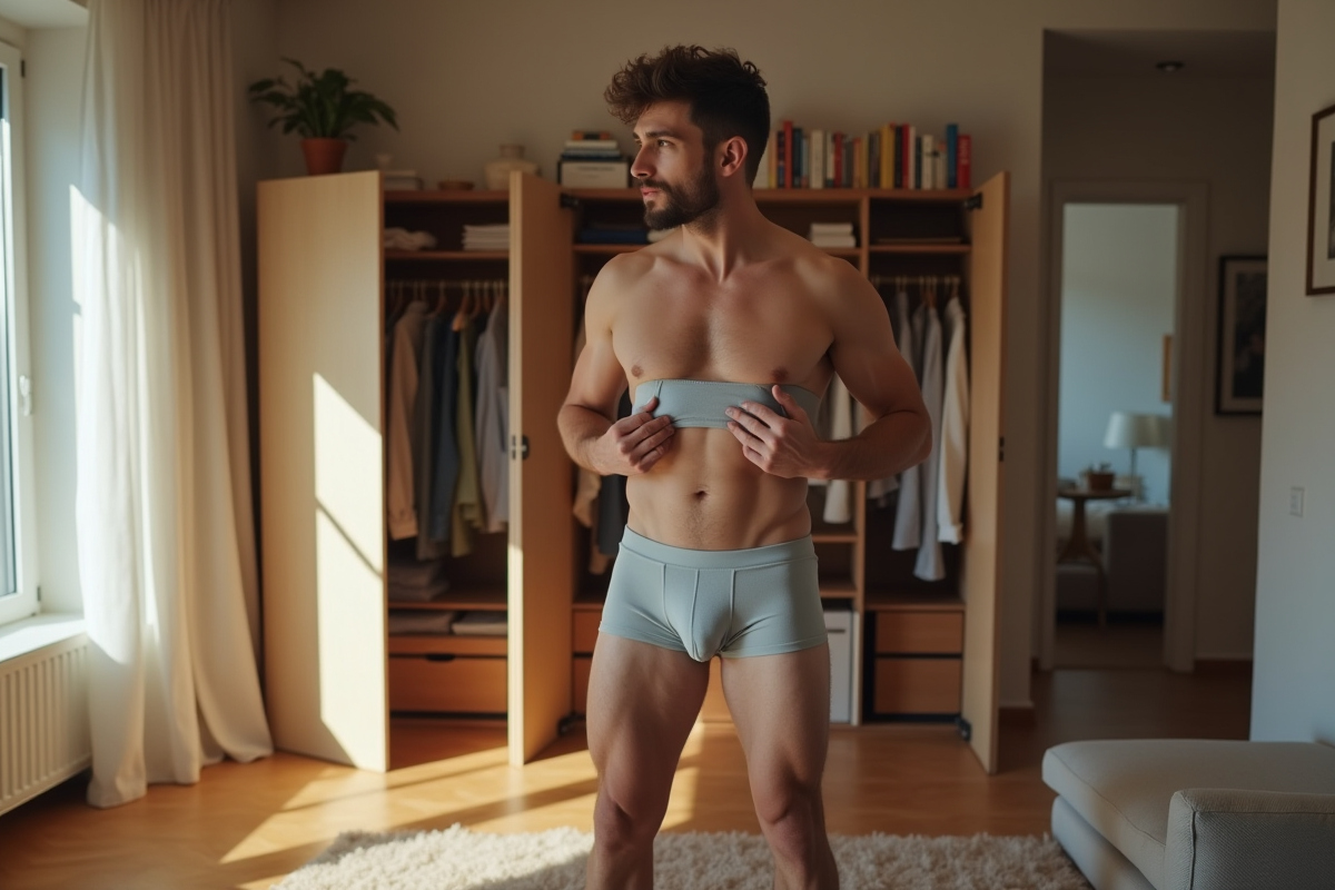Jeune homme comparant des sous-vêtements thermolactyl dans un salon lumineux