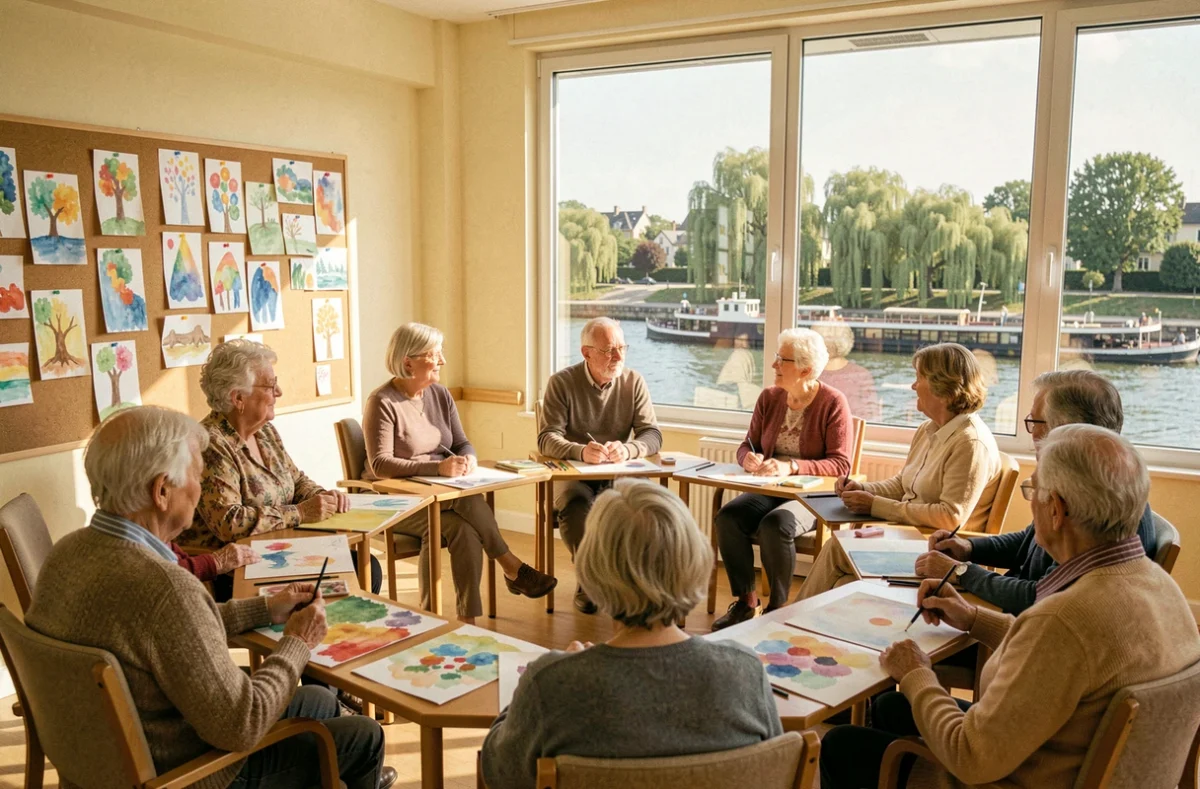 Résidents participant à un atelier d'aquarelle dans une salle lumineuse du Korian Bel'Saône à Chalon-sur-Saône avec vue sur la rivière