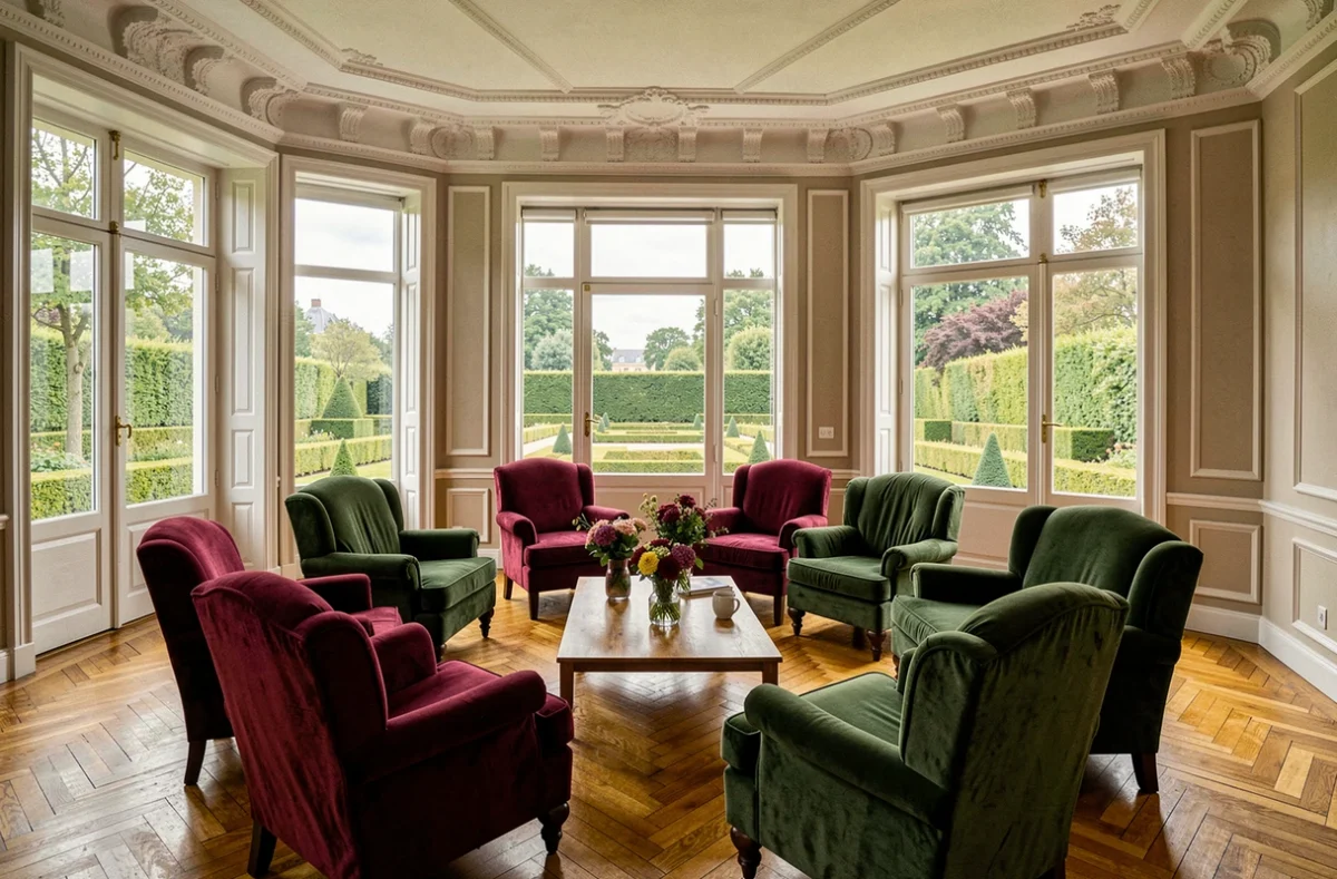 Salon commun élégant aux fauteuils bourguignons de la résidence Korian Les Cassissines à Dijon, avec vue sur le jardin à la française