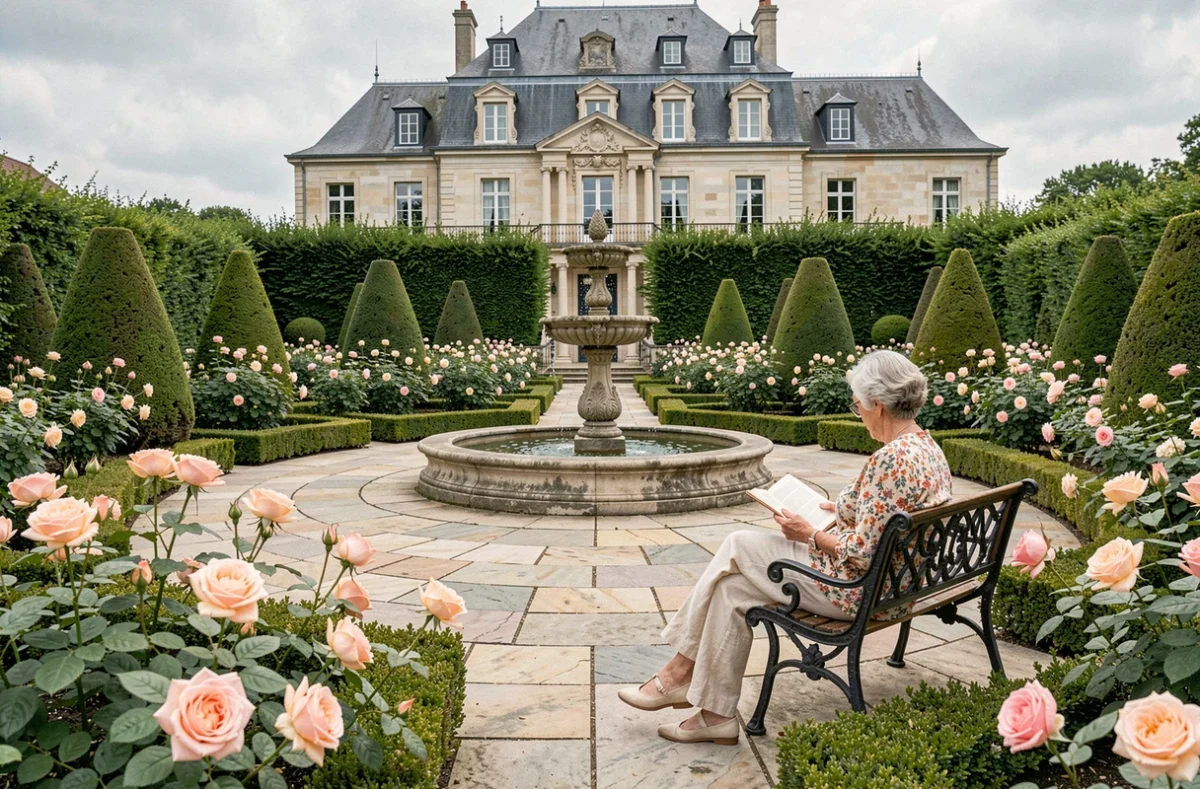 Jardin à la française avec fontaine ornementale et résidente lisant sur un banc aux Jardins Médicis à Montceau-les-Mines