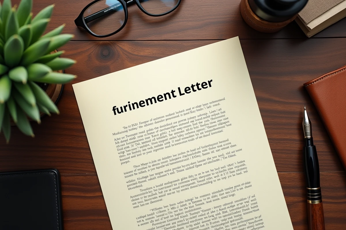 Vue aérienne d'une lettre formelle de départ à la retraite posée sur un bureau en bois avec un stylo plume