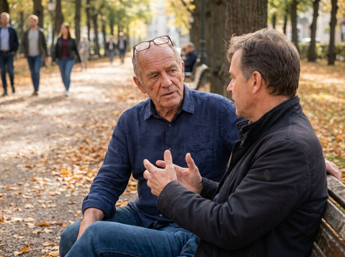 Deux hommes âgés en conversation animée sur un banc de parc en automne, illustrant le maintien du lien social malgré la perte d'audition
