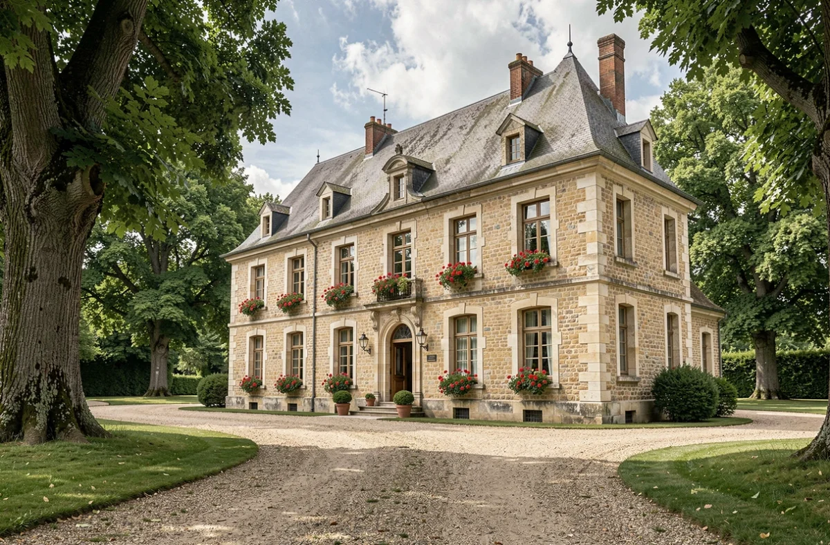 Façade en pierre calcaire bourguignon des Maisons de Famille de Bourgogne à Autun entourée d'un parc arboré avec allée en gravier