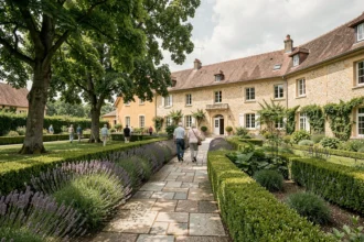 Jardin paisible d'une maison de retraite en Bourgogne-Franche-Comté avec des résidents se promenant le long d'un sentier fleuri