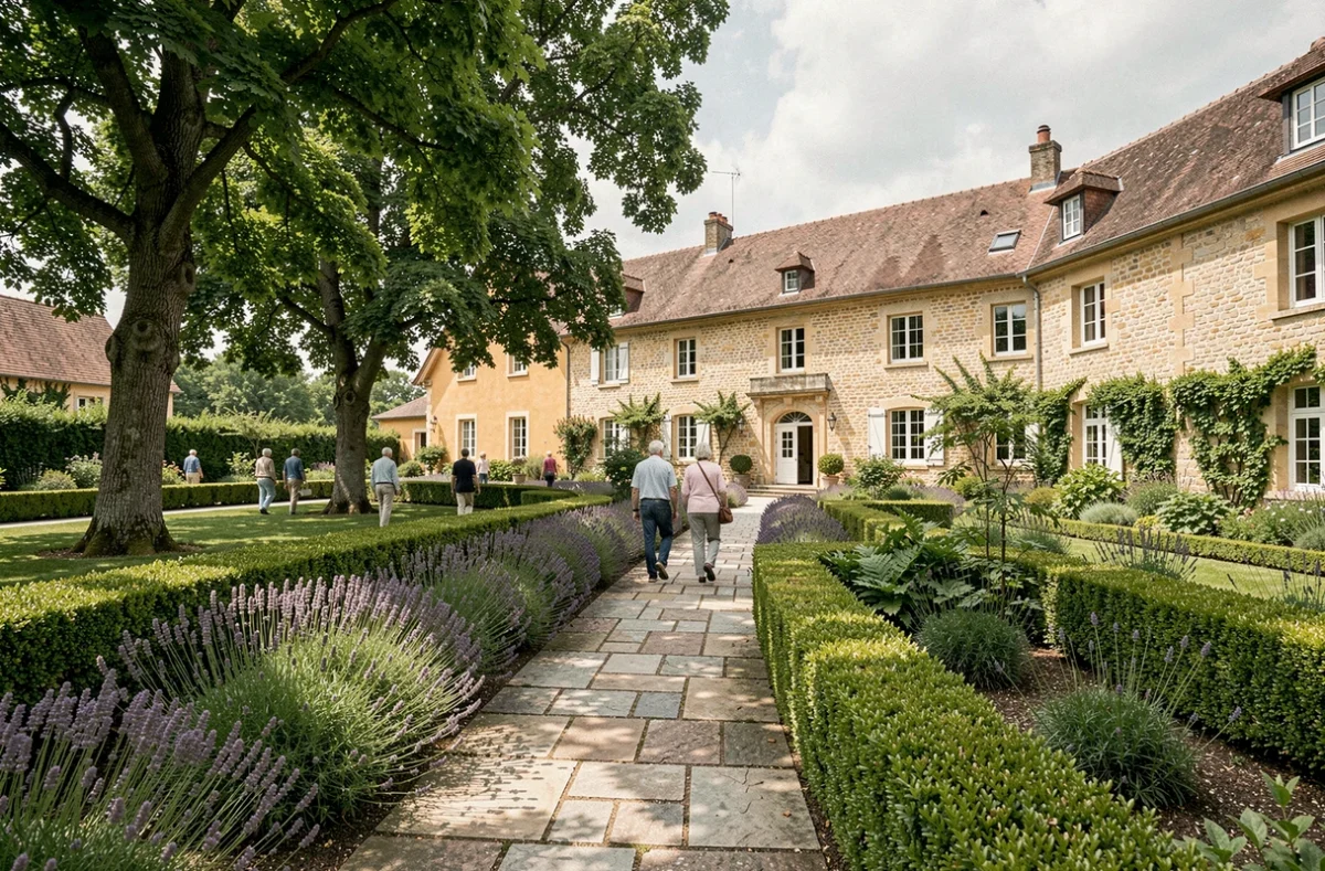 Jardin paisible d'une maison de retraite en Bourgogne-Franche-Comté avec des résidents se promenant le long d'un sentier fleuri