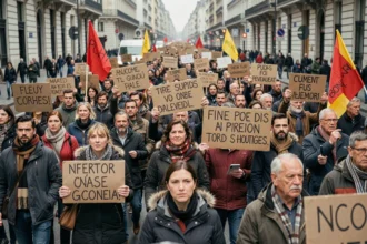 Manifestants marchant dans une avenue parisienne lors d'une grande mobilisation sociale contre une réforme