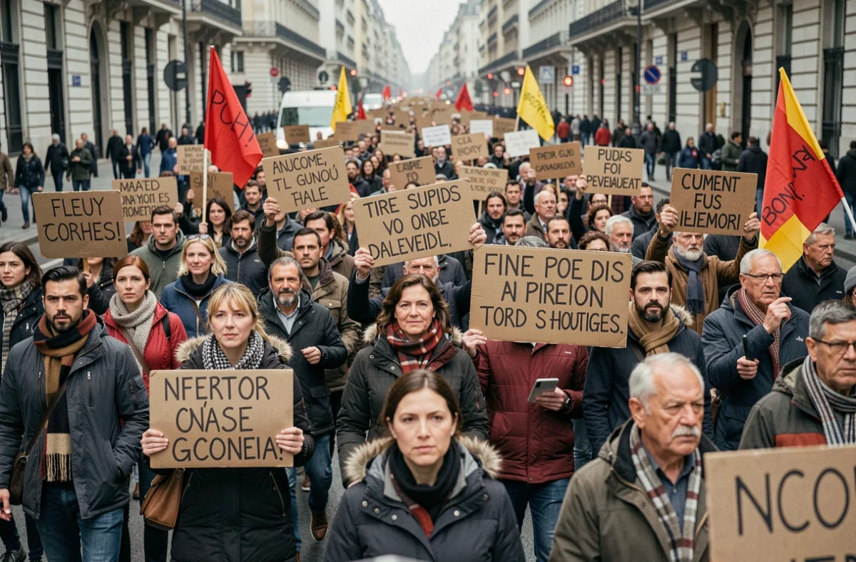 Manifestants marchant dans une avenue parisienne lors d'une grande mobilisation sociale contre une réforme