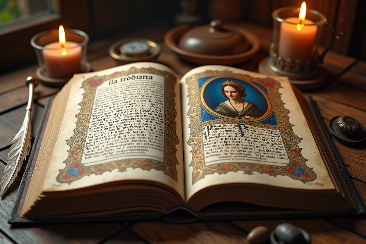 Manuscrit médiéval avec portrait de saint et plume sur table en bois